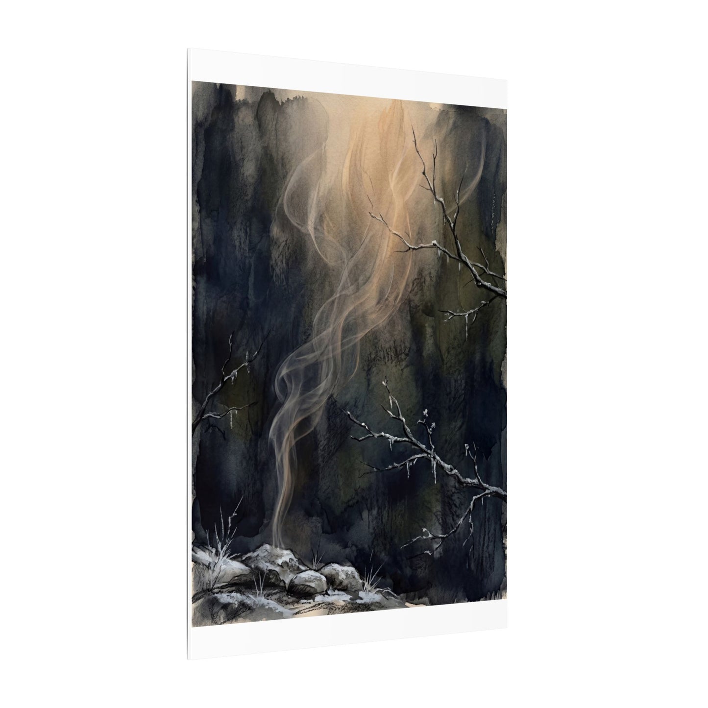 Incense Smoke Winter Canvas Art | Dark Japandi Moody Design
