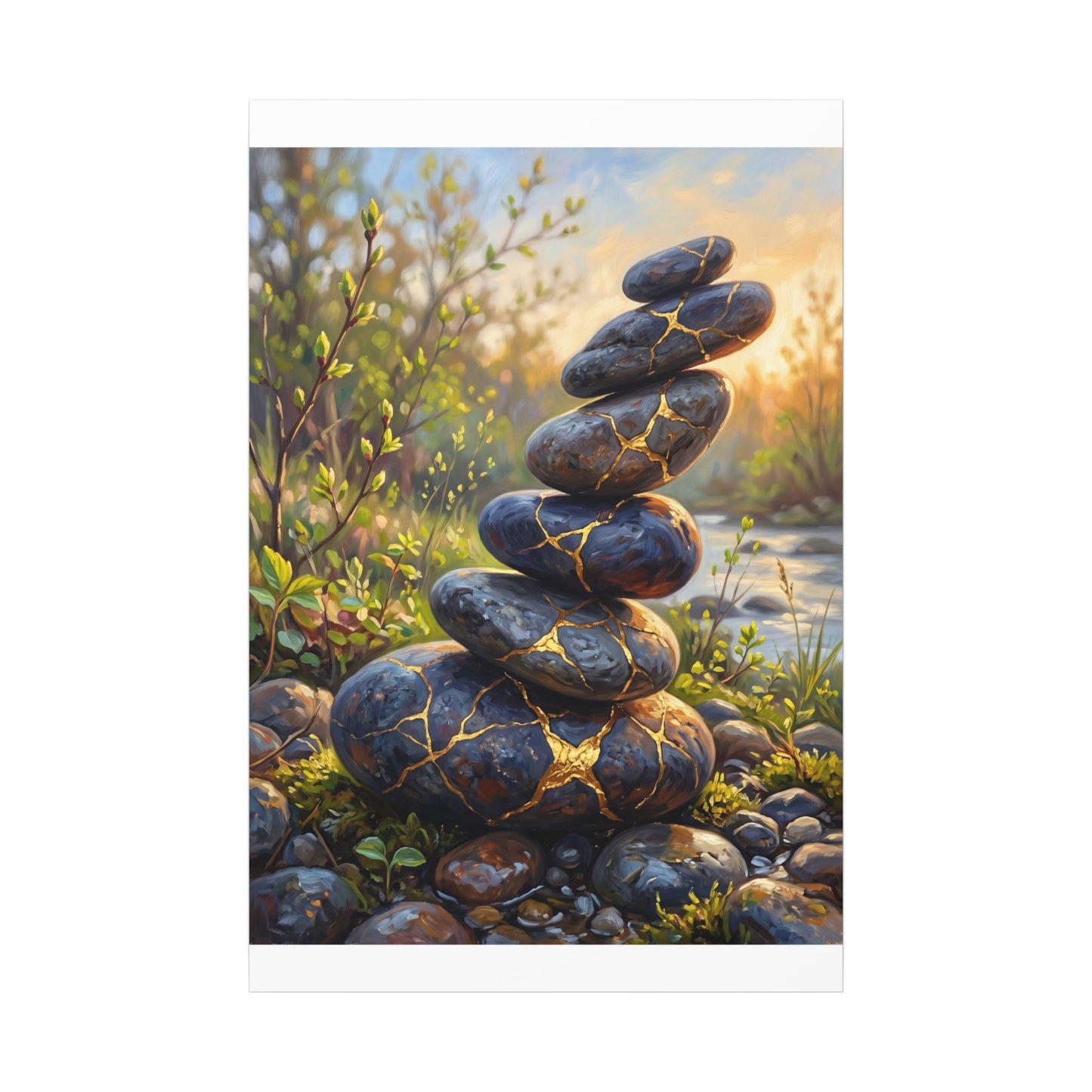 Spring River Stones Gold Repair Canvas Art | Healing Decor