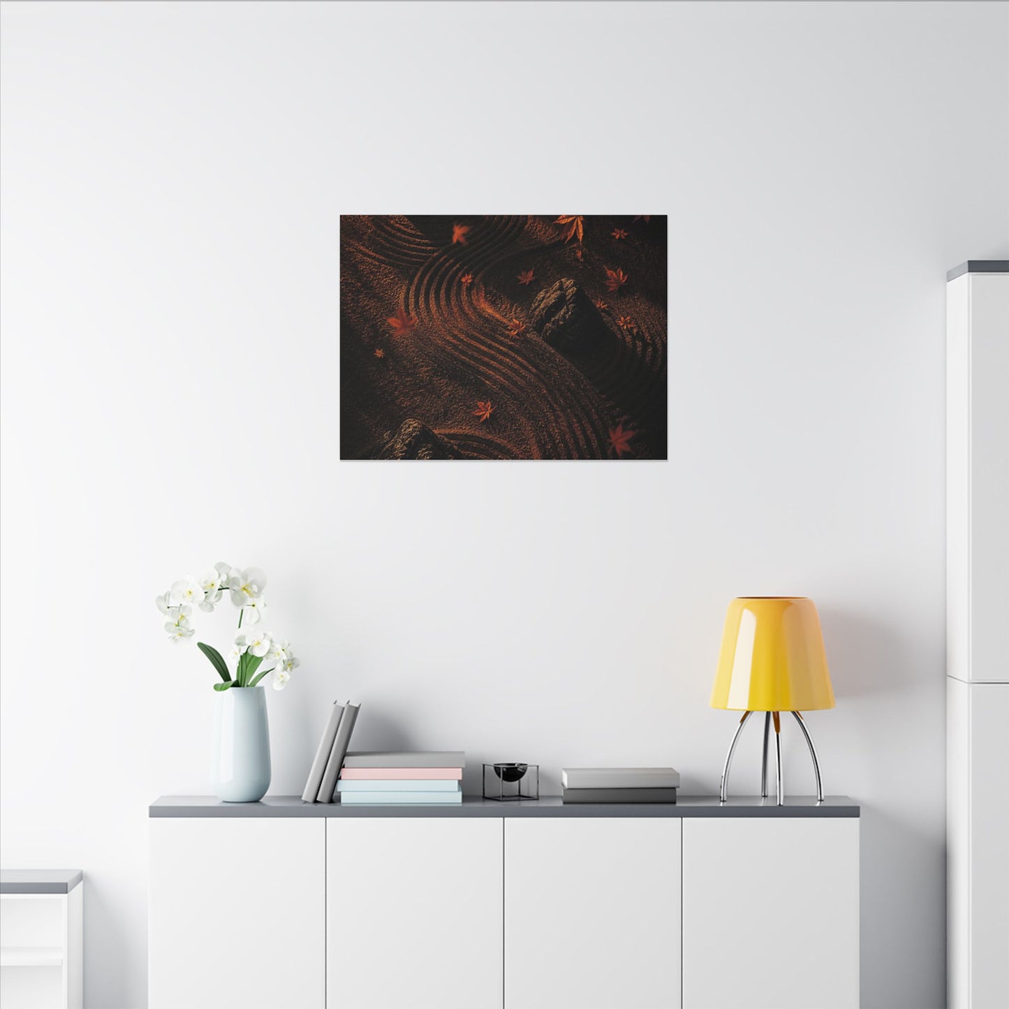 Dark Japandi Rock Garden in Golden Hour | Charcoal Ink Canvas Art