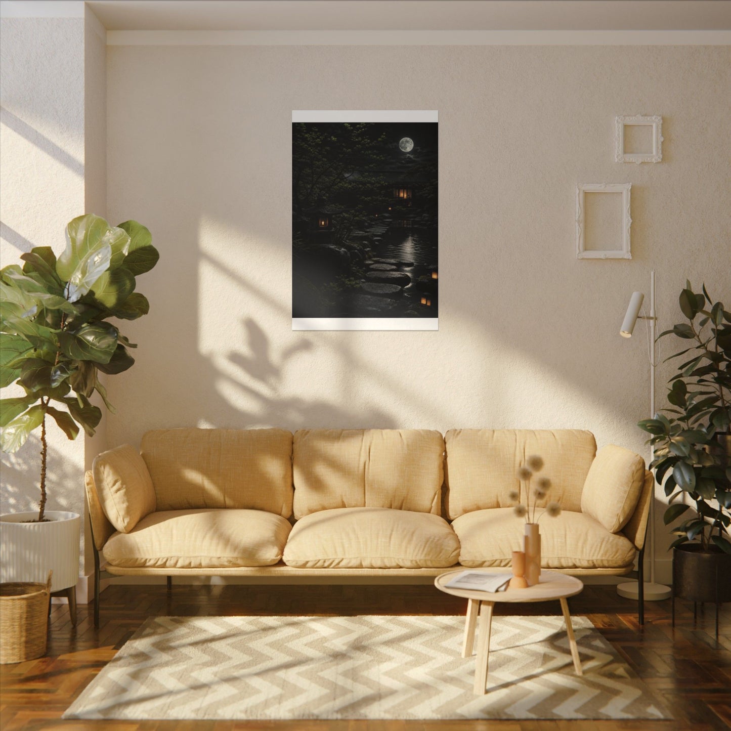 Moonlit Garden Shadow Zen Canvas Art | Sophisticated Dark Japandi Art