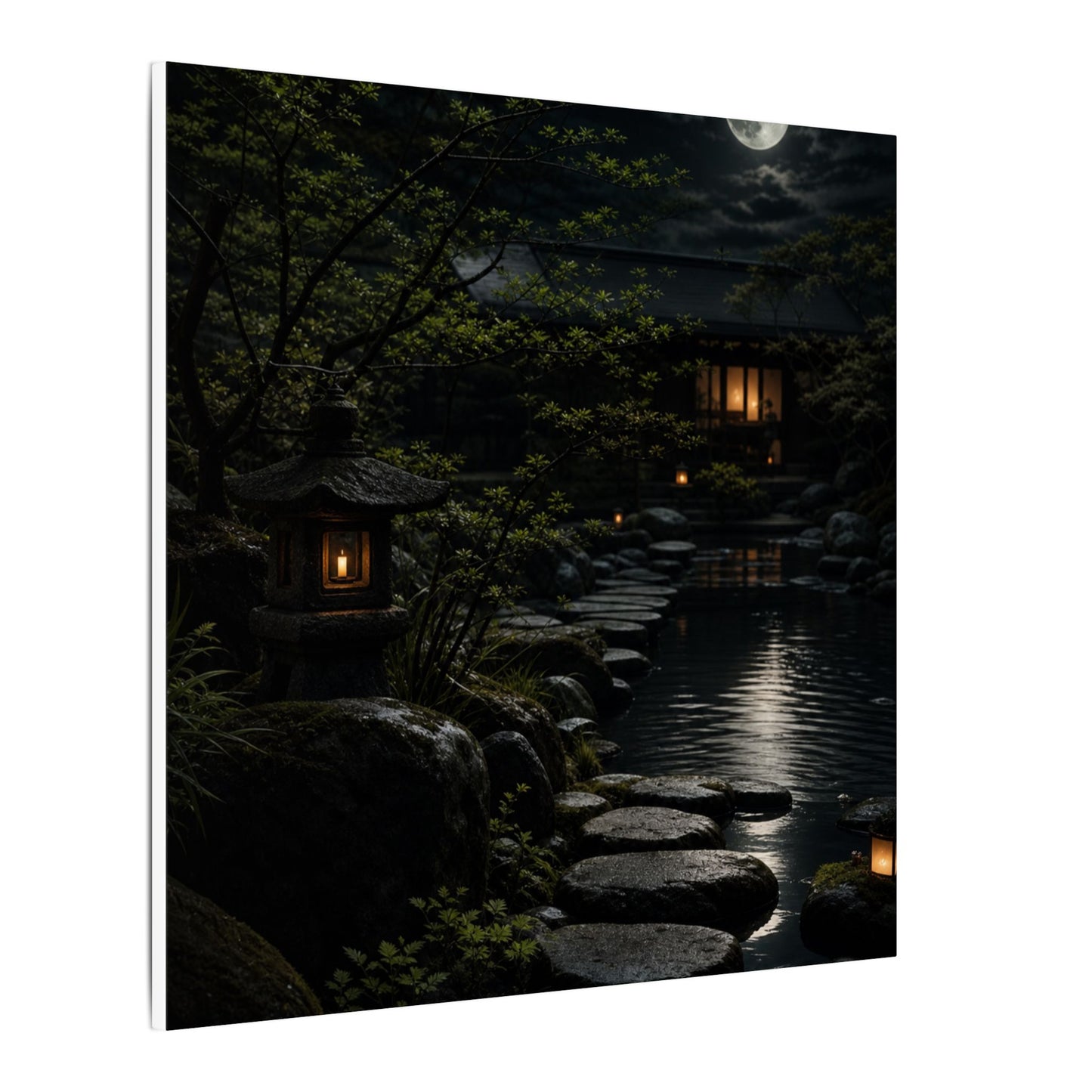 Moonlit Garden Shadow Zen Canvas Art | Sophisticated Dark Japandi Art