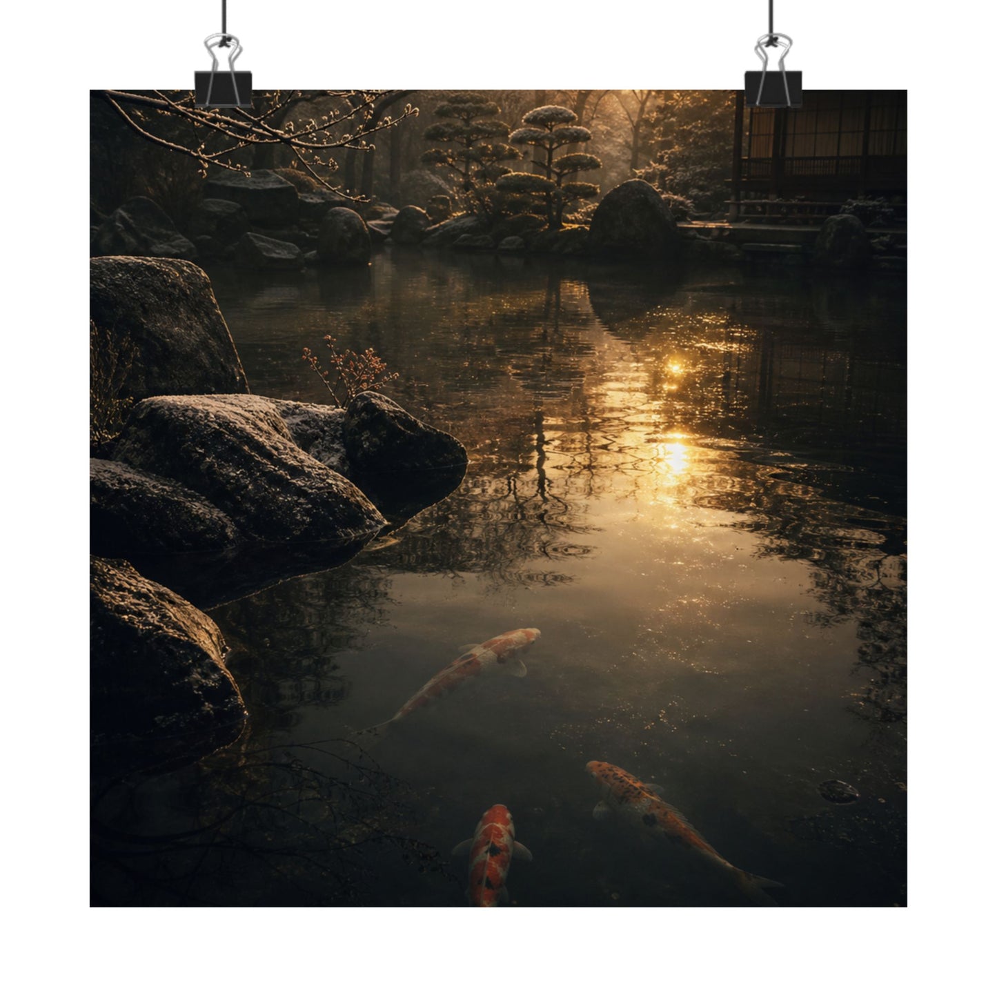 Dark Japandi Koi Pond in Golden Hour | Shadow Zen Wall Art Print