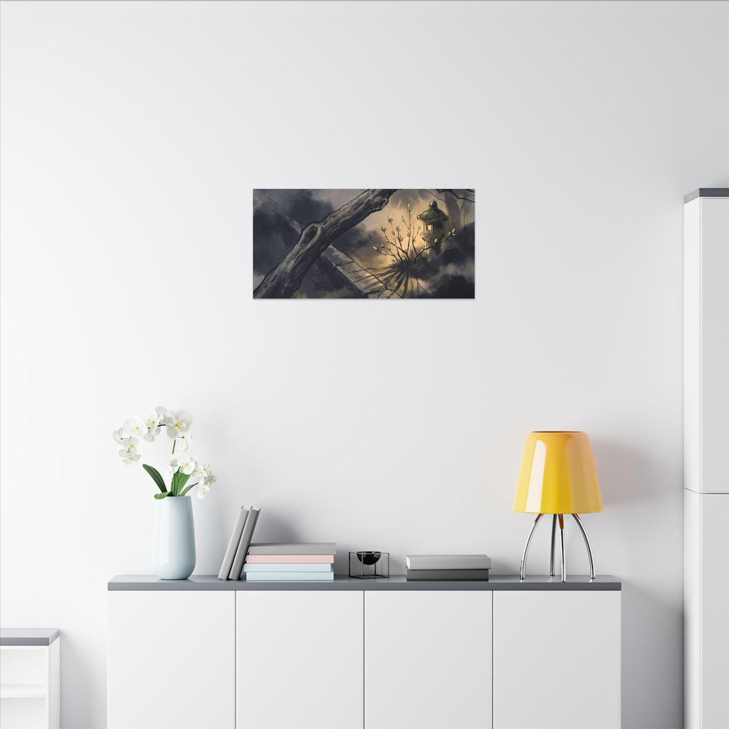 Dark Japandi Moonlit Garden in Golden Hour | Charcoal Ink Canvas Art