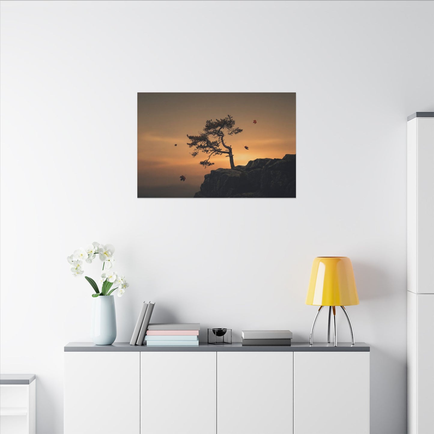 Dark Japandi Pine Tree in Golden Hour | Moody Minimal Canvas Art