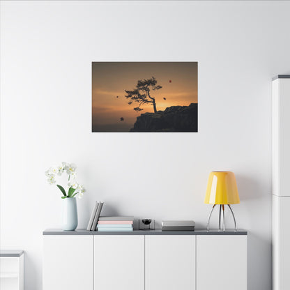 Dark Japandi Pine Tree in Golden Hour | Moody Minimal Canvas Art