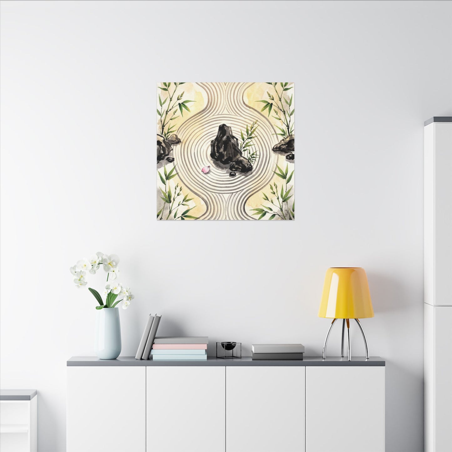 Zen Rock Garden in Golden Hour | Sumi E Canvas Art