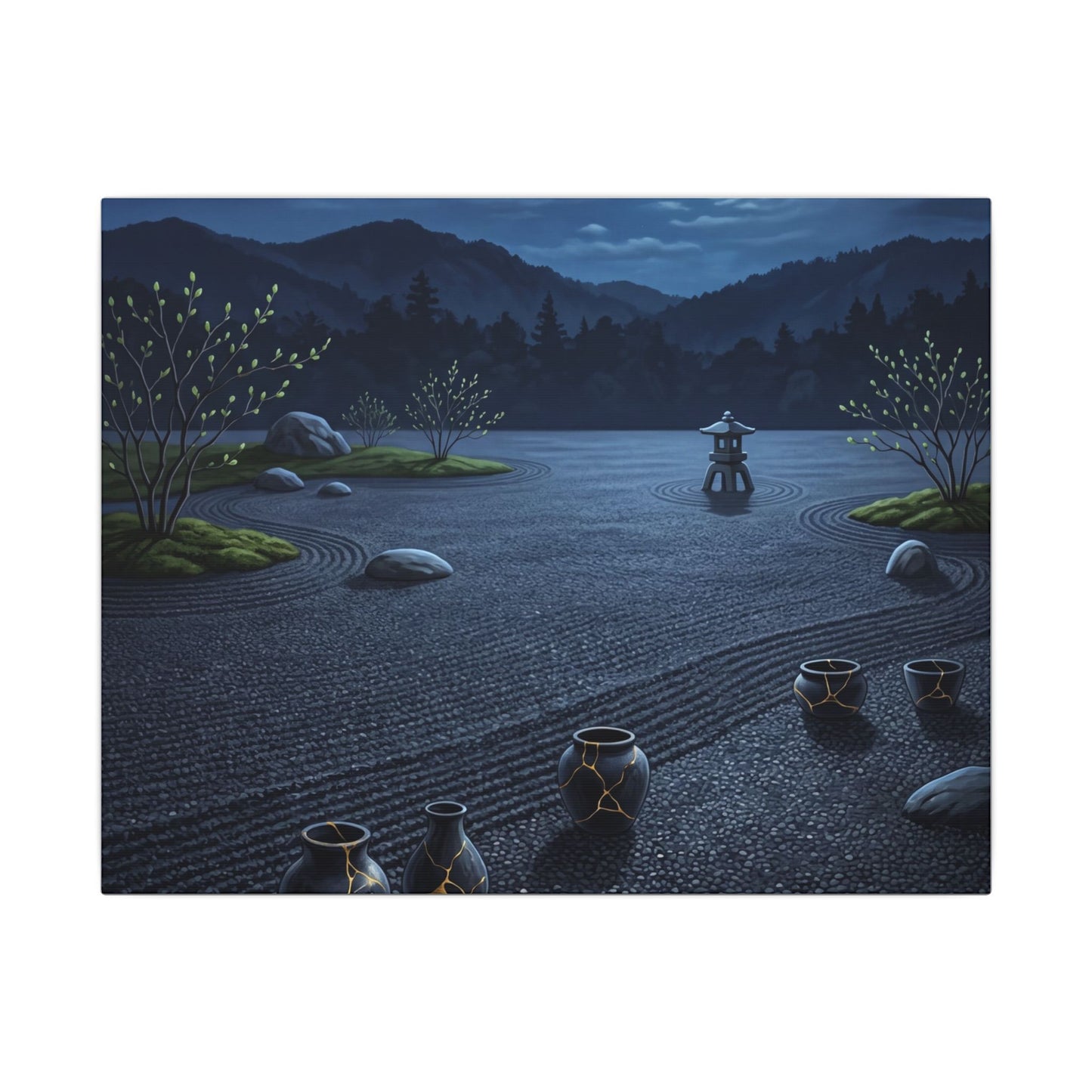 Kintsugi Moonlit Garden in Moonlight | Gold Repair Canvas Art