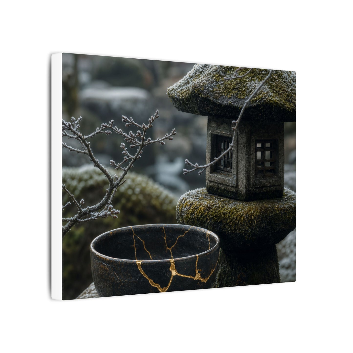 Stone Lantern Canvas Art | Winter Kintsugi Gold Repair Art