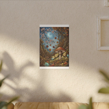 Autumn Cherry Blossom Mushroom Illustration Canvas Art | Enchanting Decor