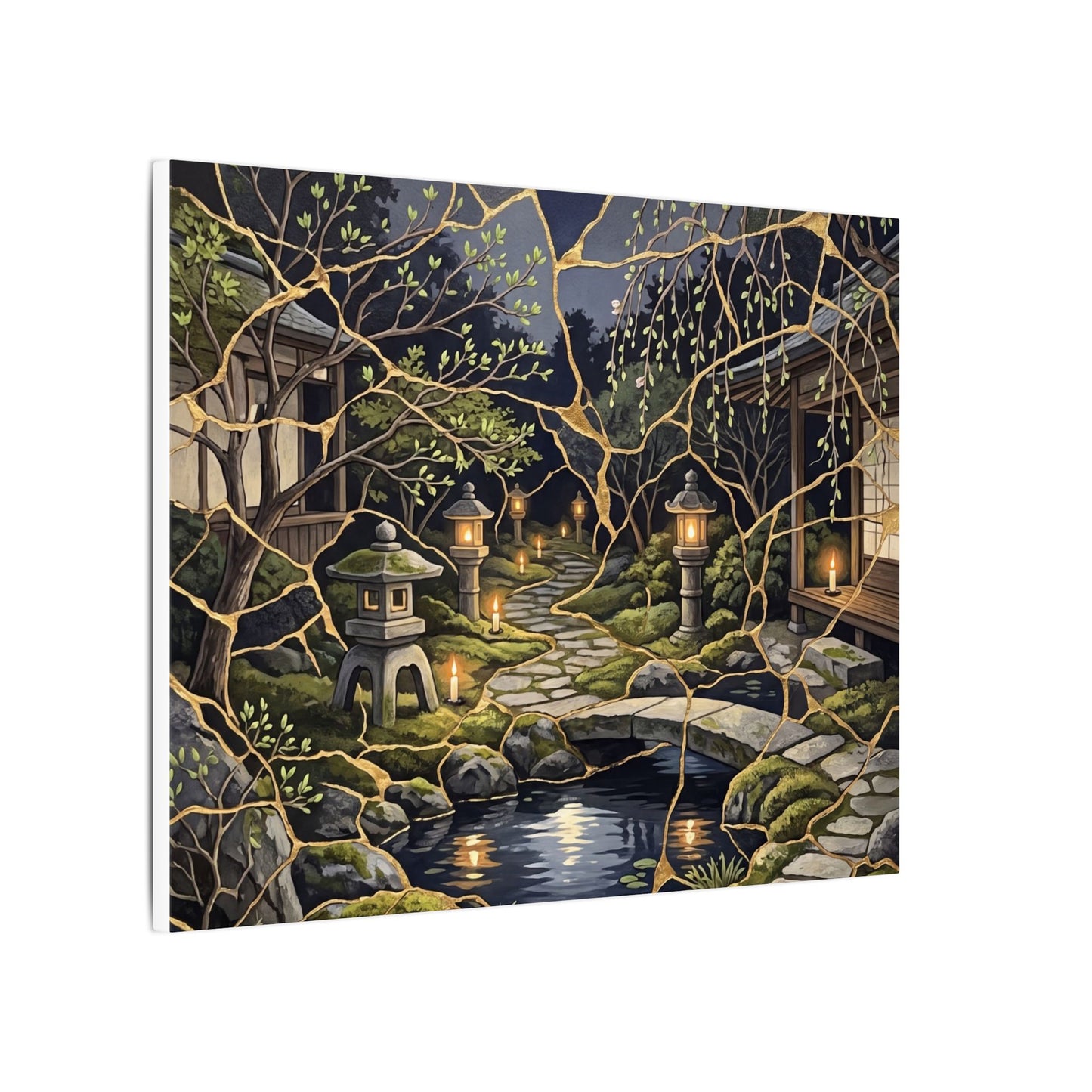 Kintsugi Moonlit Garden in Candlelight | Gold Vein Canvas Art