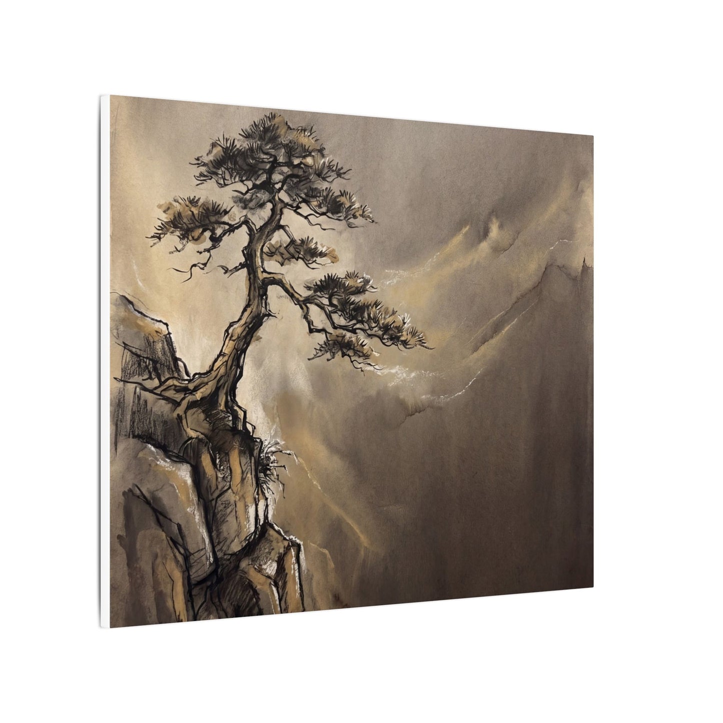 Pine Tree Charcoal Ink Canvas Art | Luxurious Dark Japandi Art