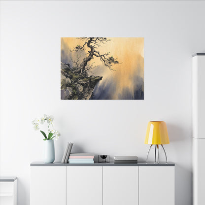 Zen Pine Tree in Golden Hour | Sumi E Canvas Art