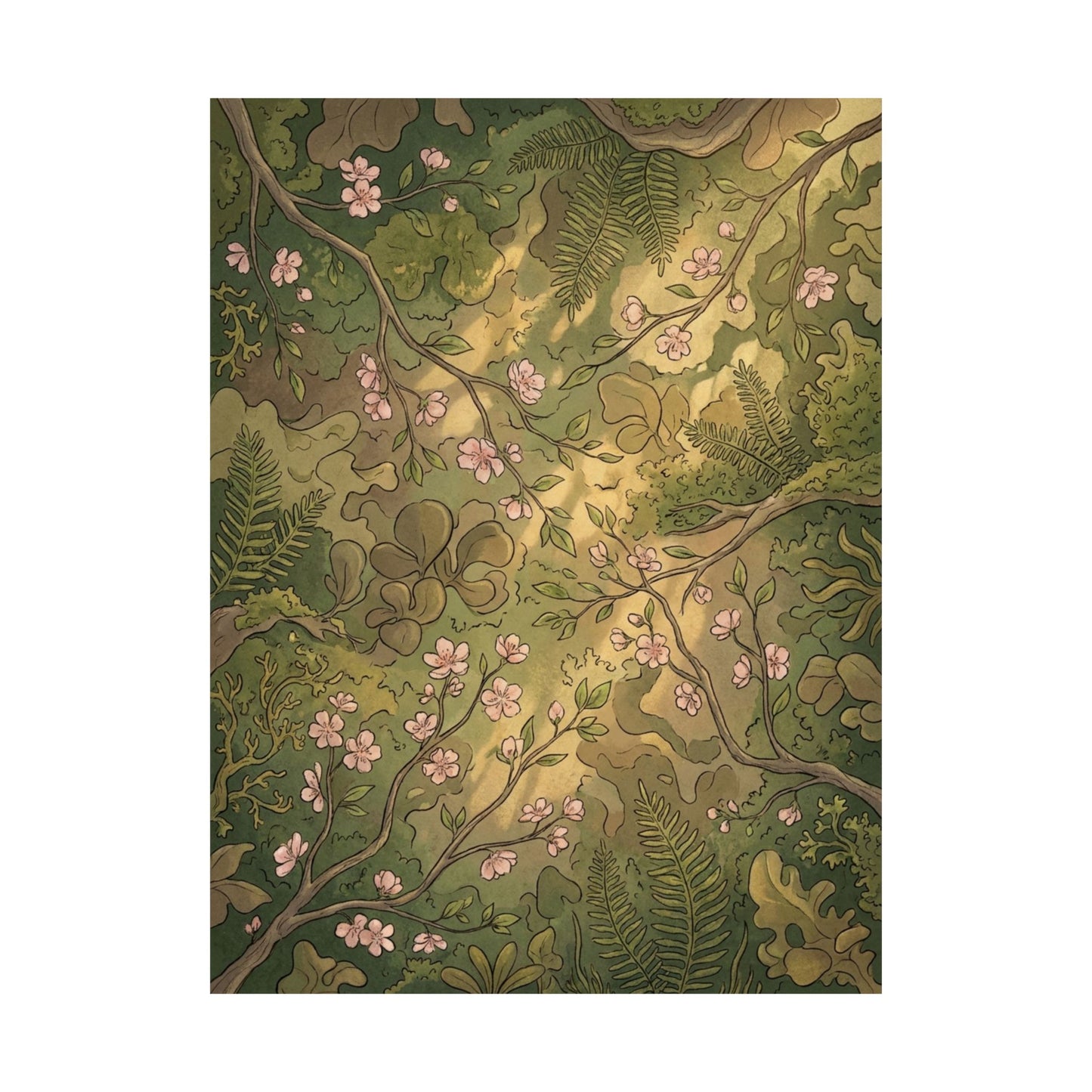 Summer Cherry Blossom Forest Whimsy Wall Art Print | Earthy Decor