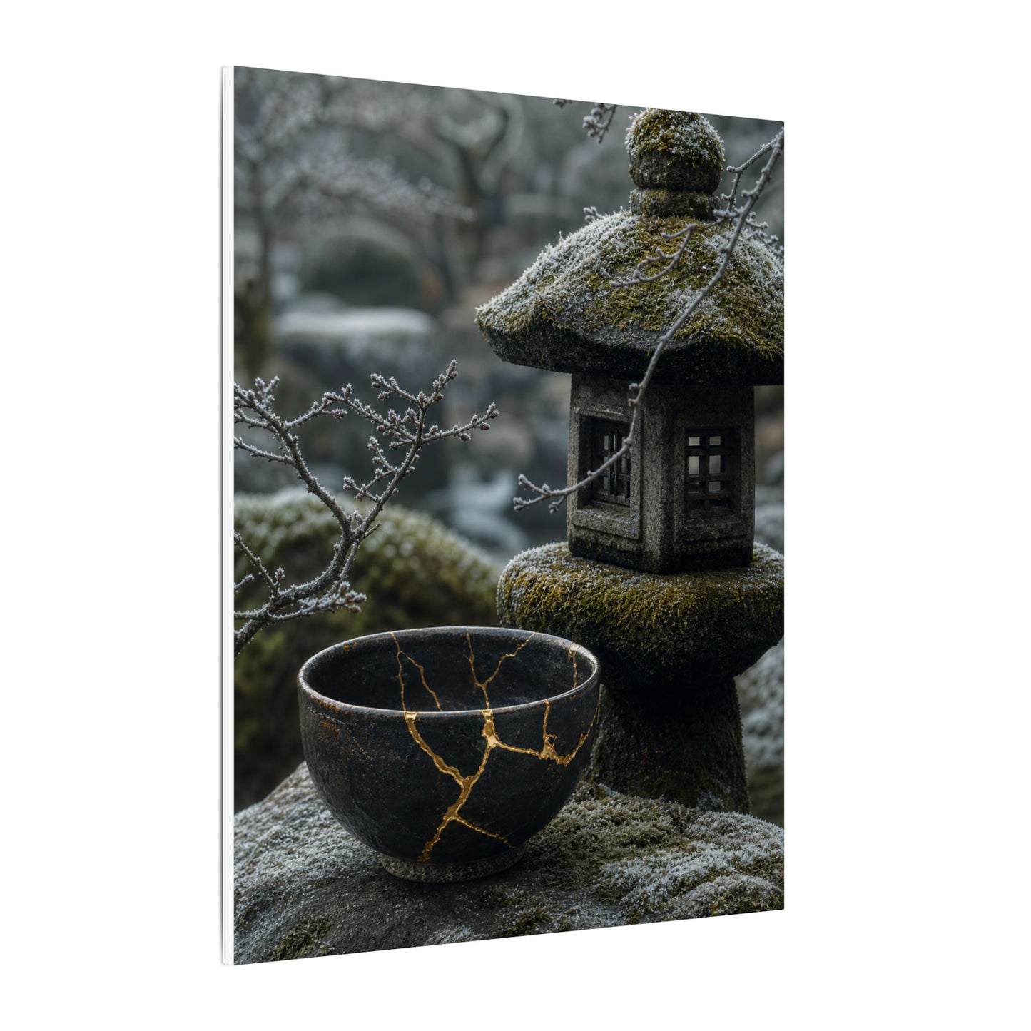 Stone Lantern Canvas Art | Winter Kintsugi Gold Repair Art
