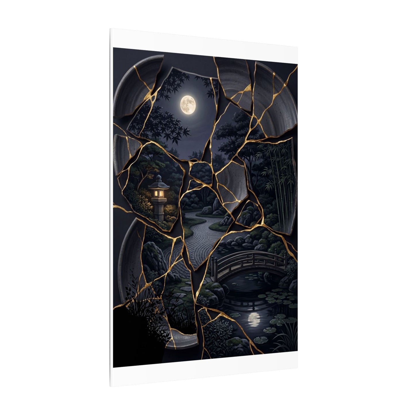 Kintsugi Moonlit Garden in Golden Hour | Gold Repair Canvas Art