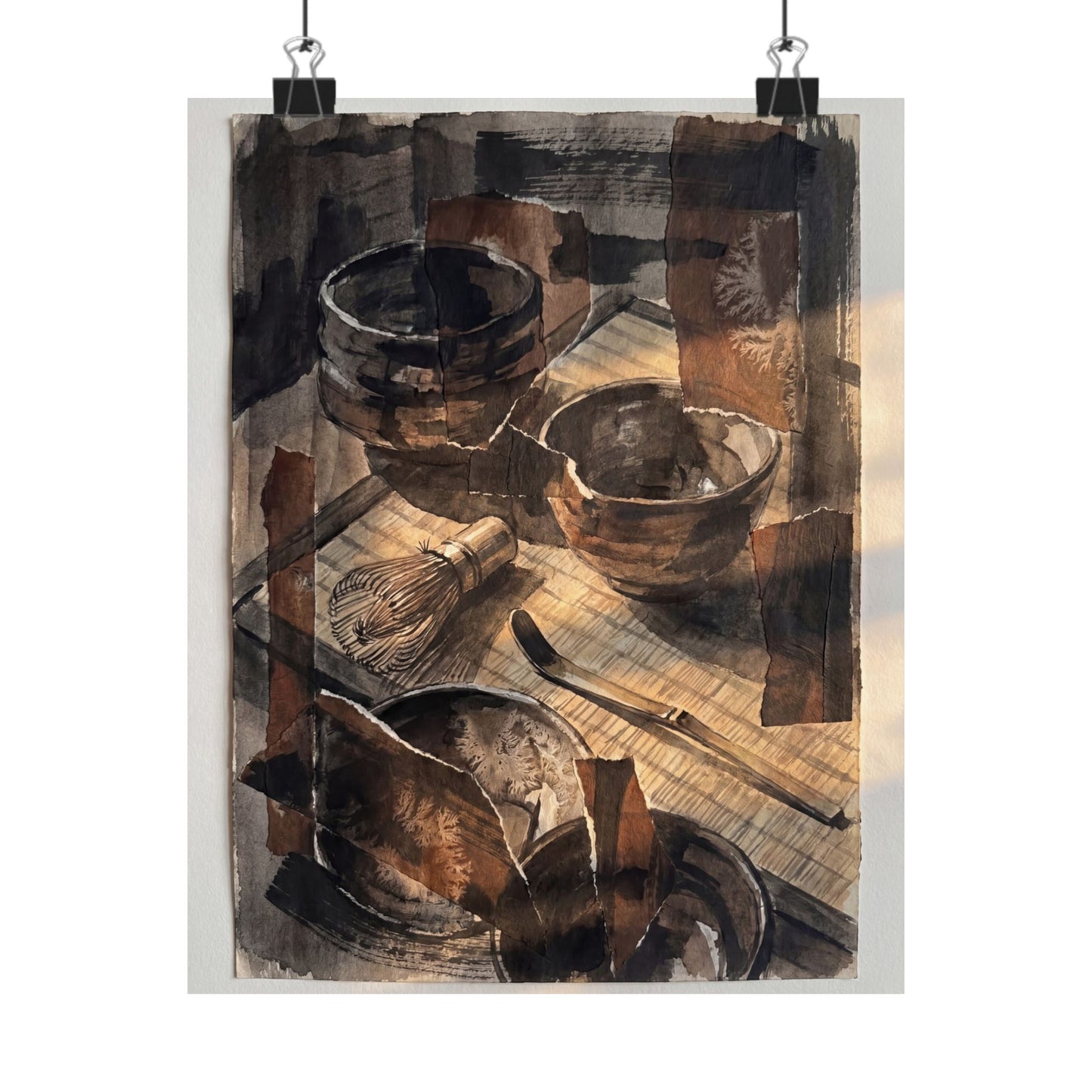 Dark Japandi Tea Ceremony in Golden Hour | Charcoal Ink Wall Art Print