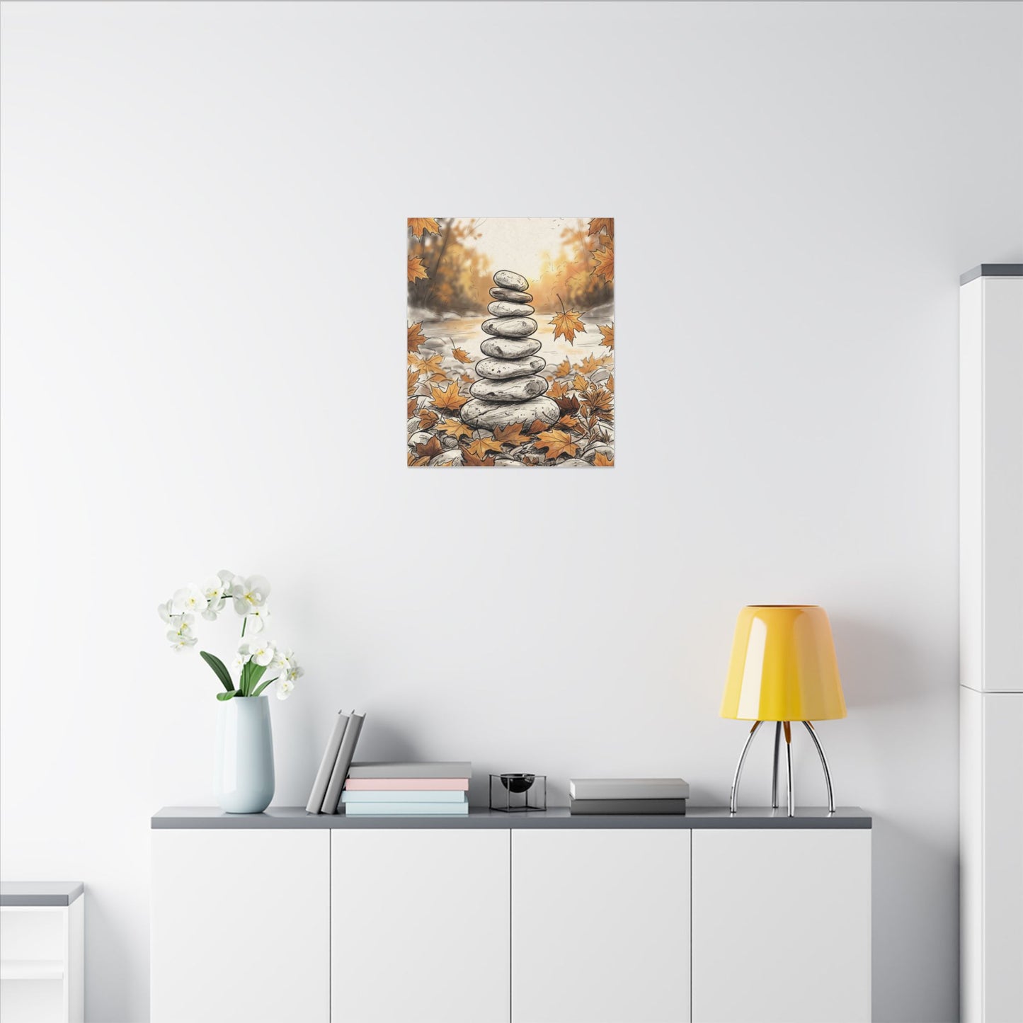 Earthy River Stones Canvas Art - Minimal Line Japandi