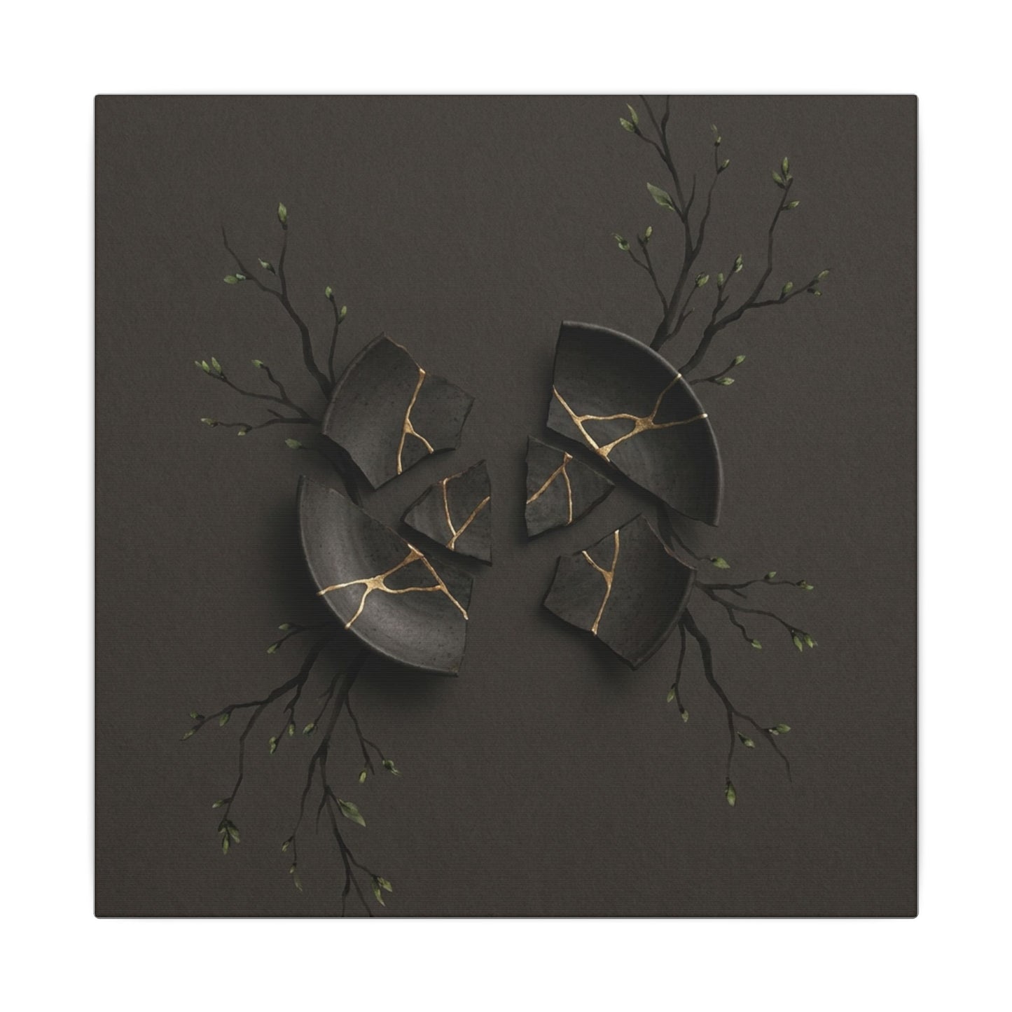 Sophisticated Broken Pottery Canvas Art - Charcoal Ink Dark Japandi