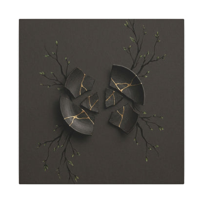 Sophisticated Broken Pottery Canvas Art - Charcoal Ink Dark Japandi