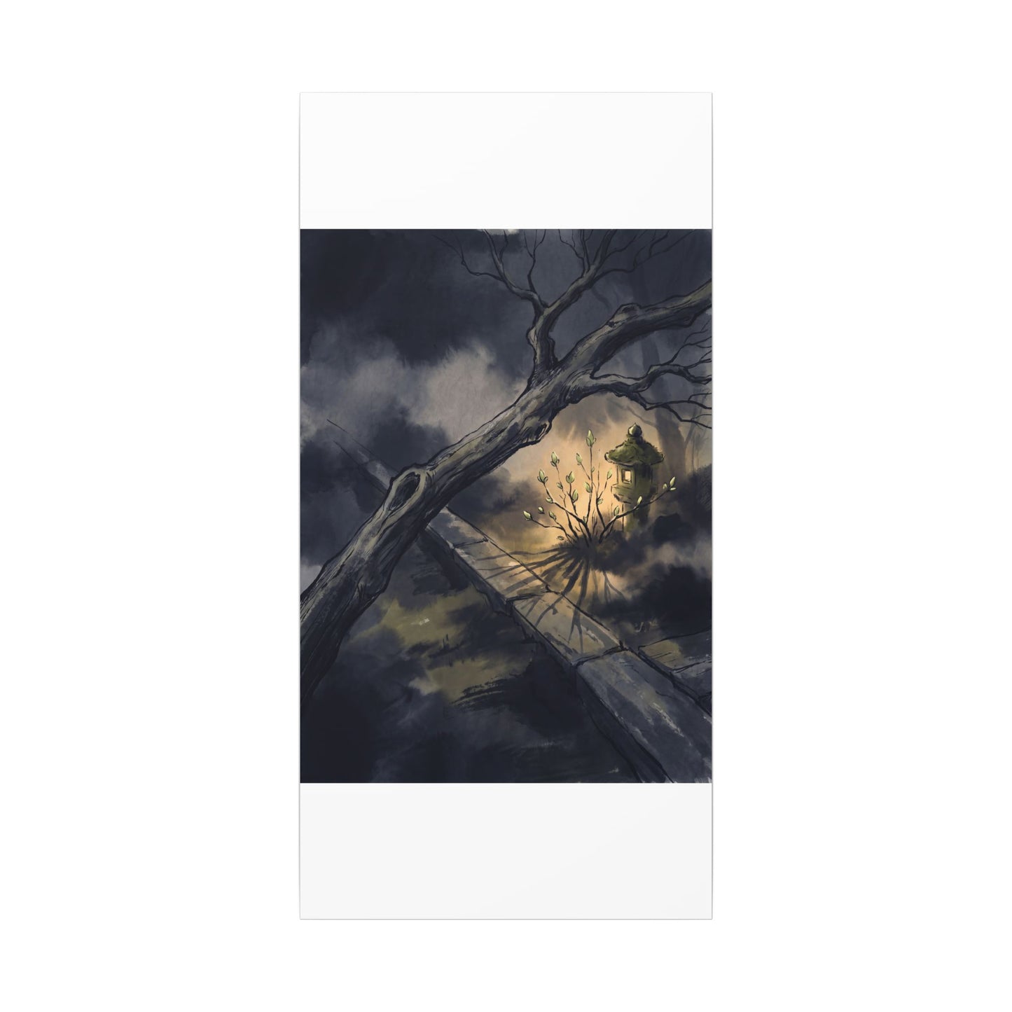 Dark Japandi Moonlit Garden in Golden Hour | Charcoal Ink Canvas Art