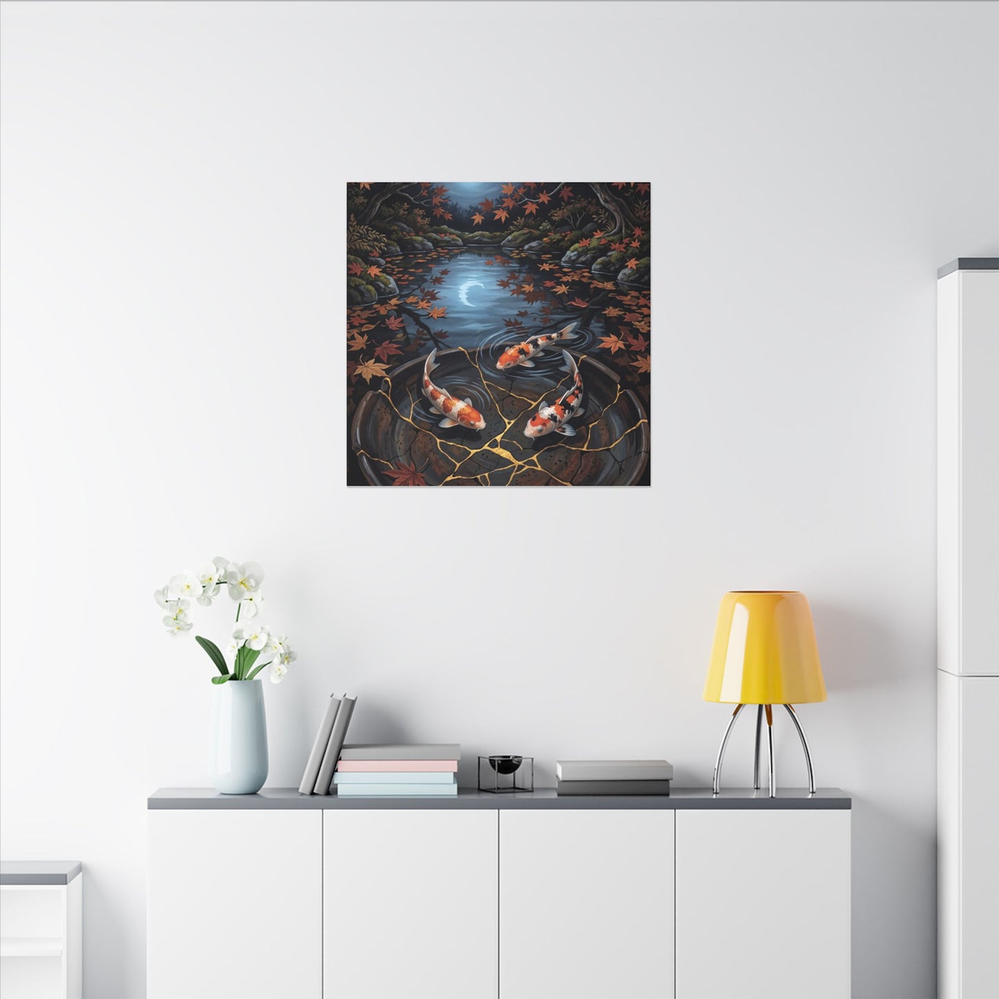 Koi Pond Canvas Art | Autumn Kintsugi Gold Repair Art