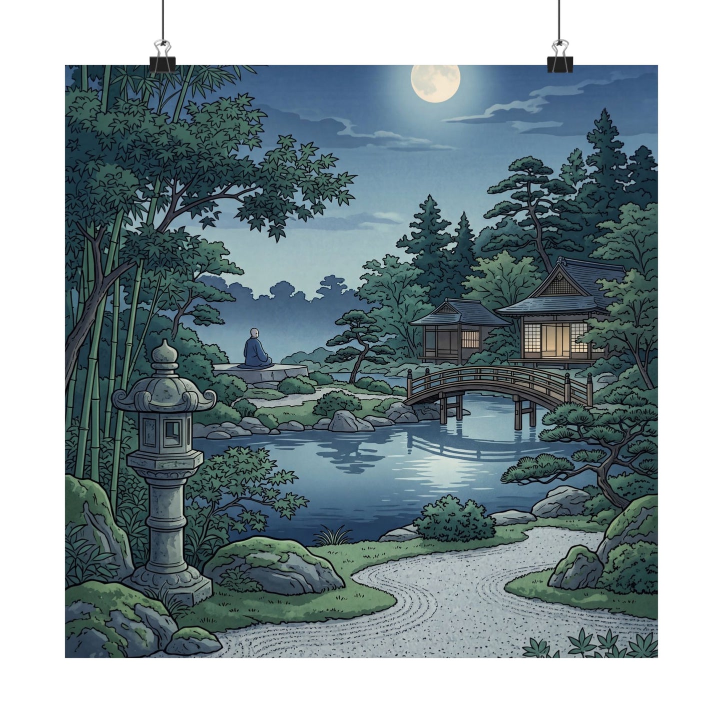 Kanso Moonlit Garden Wall Art Print - Zen Ukiyo E Inspired
