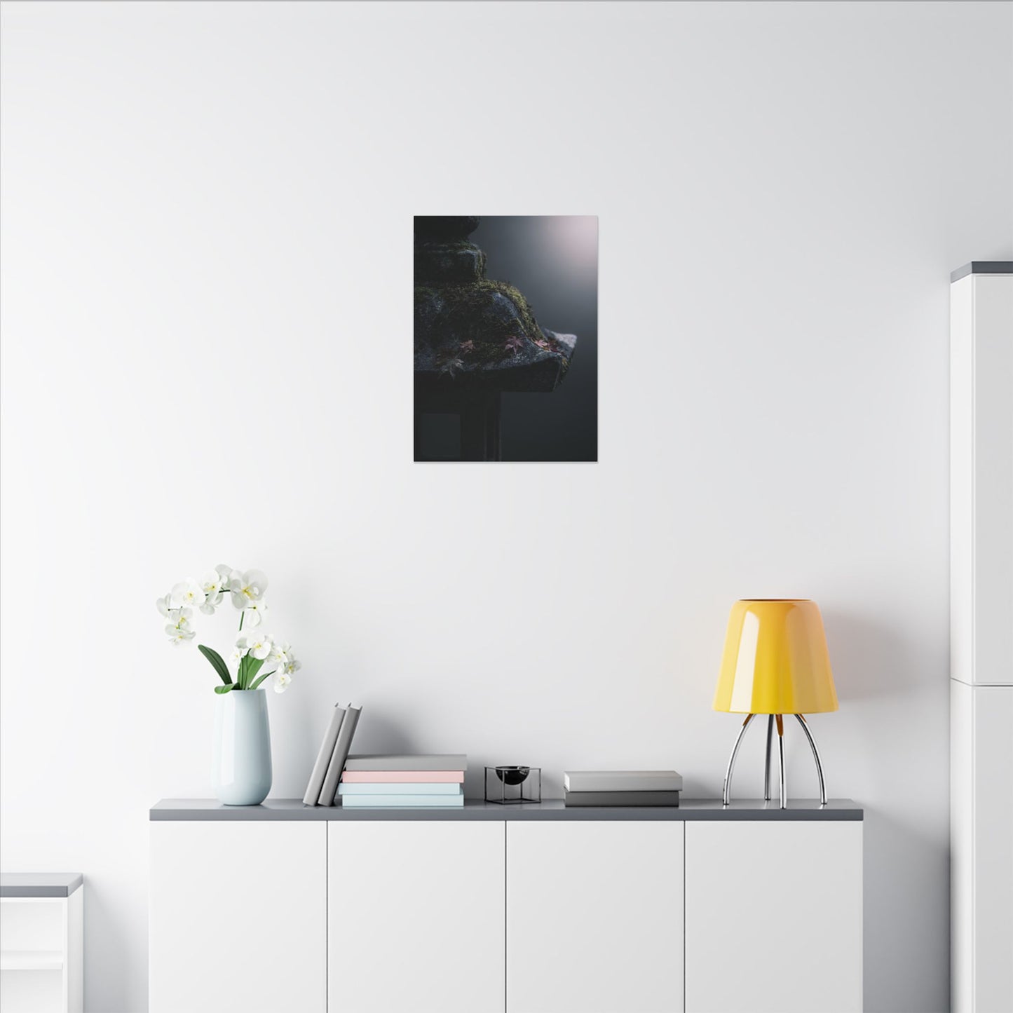 Stone Lantern Moody Minimal Canvas Art | Sophisticated Dark Japandi Art