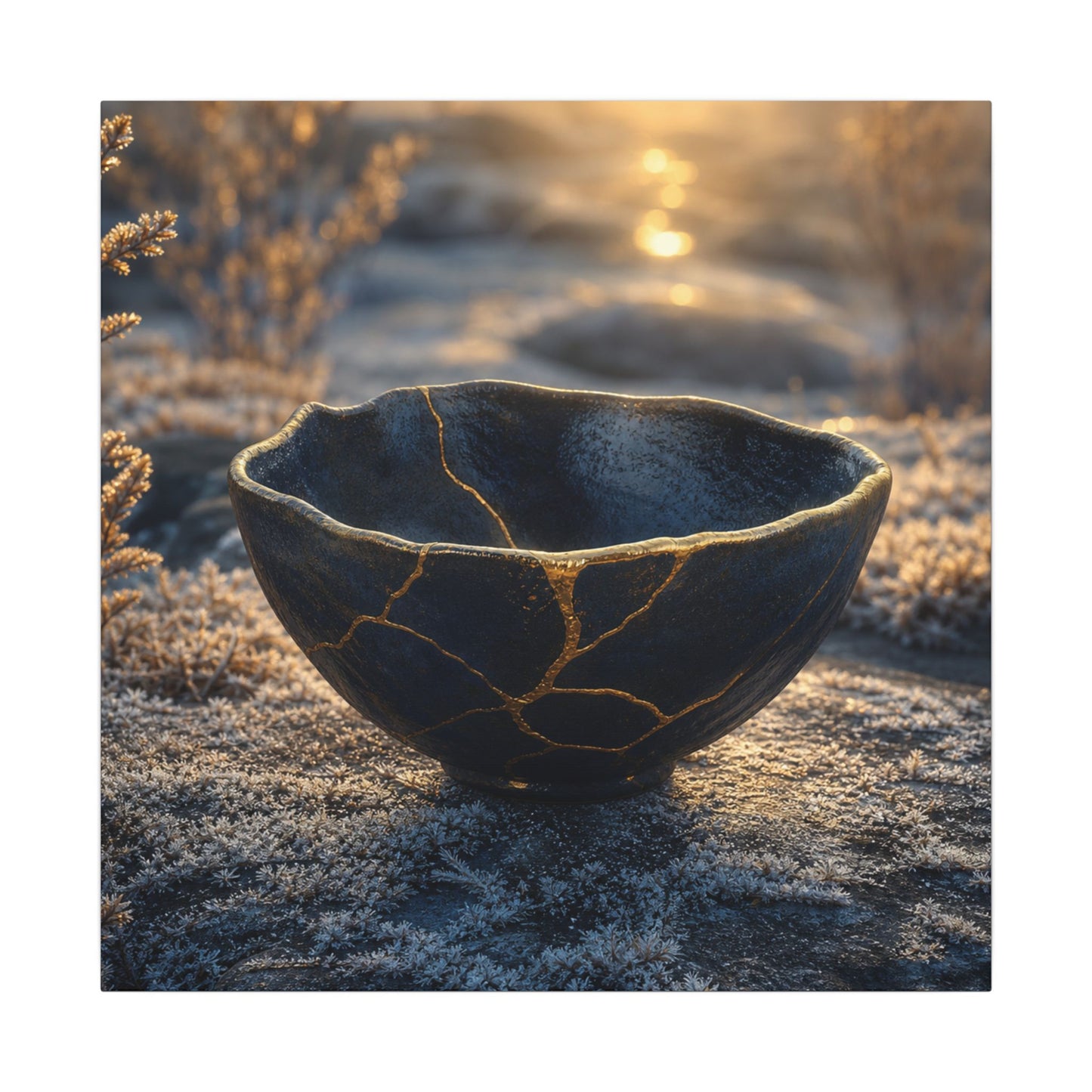 Ceramic Bowl Canvas Art | Winter Kintsugi Gold Repair Art