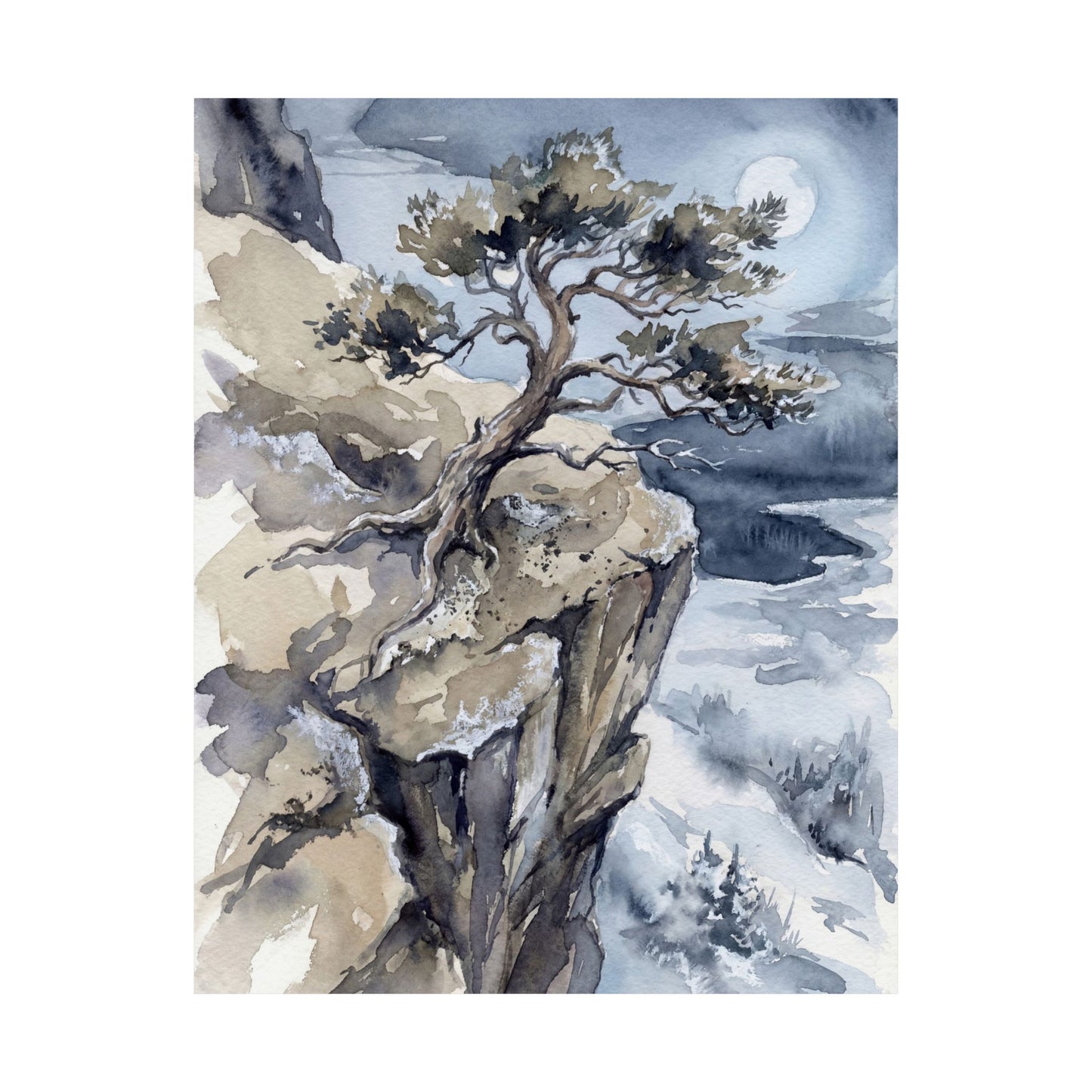 Japandi Pine Tree in Moonlight | Watercolor Wall Art Print