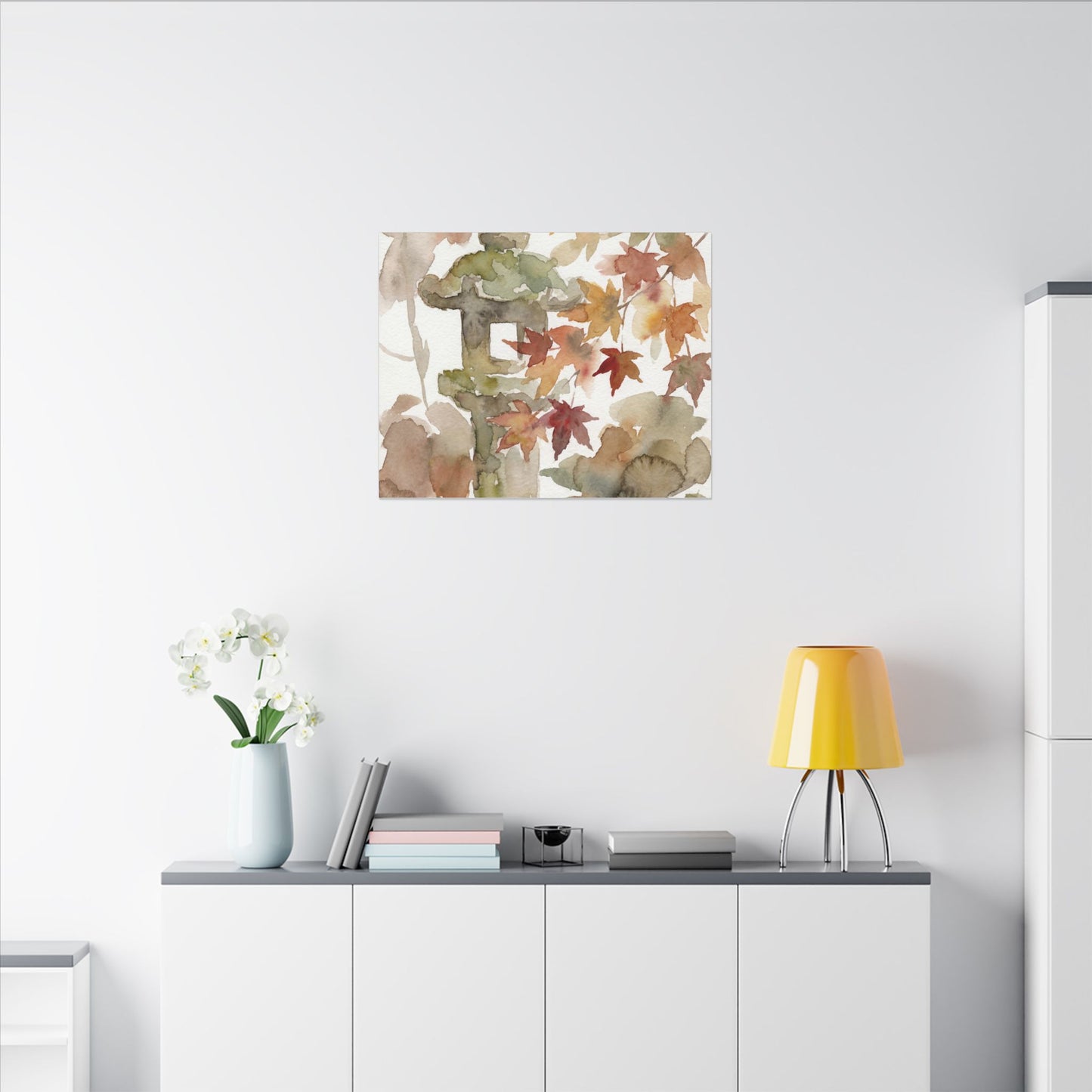 Stone Lantern Watercolor Canvas Art | Earthy Japandi Art
