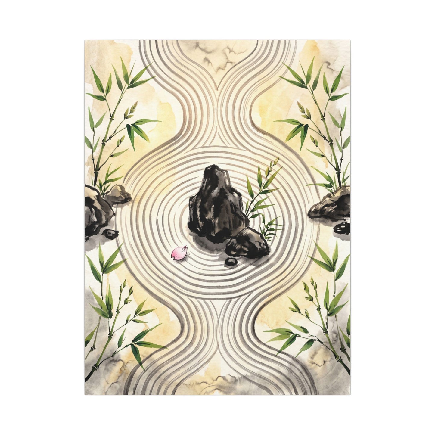 Zen Rock Garden in Golden Hour | Sumi E Canvas Art