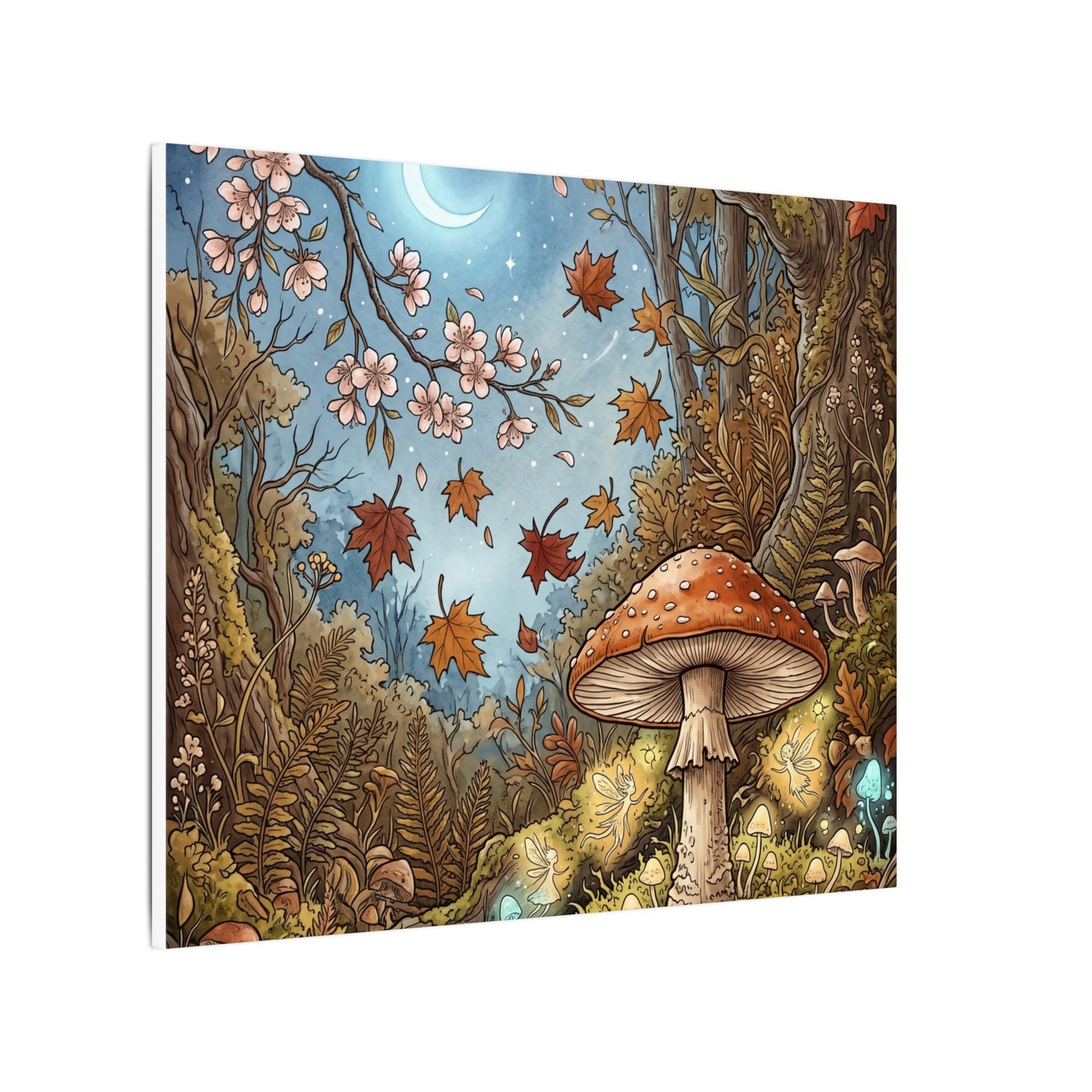 Autumn Cherry Blossom Mushroom Illustration Canvas Art | Enchanting Decor