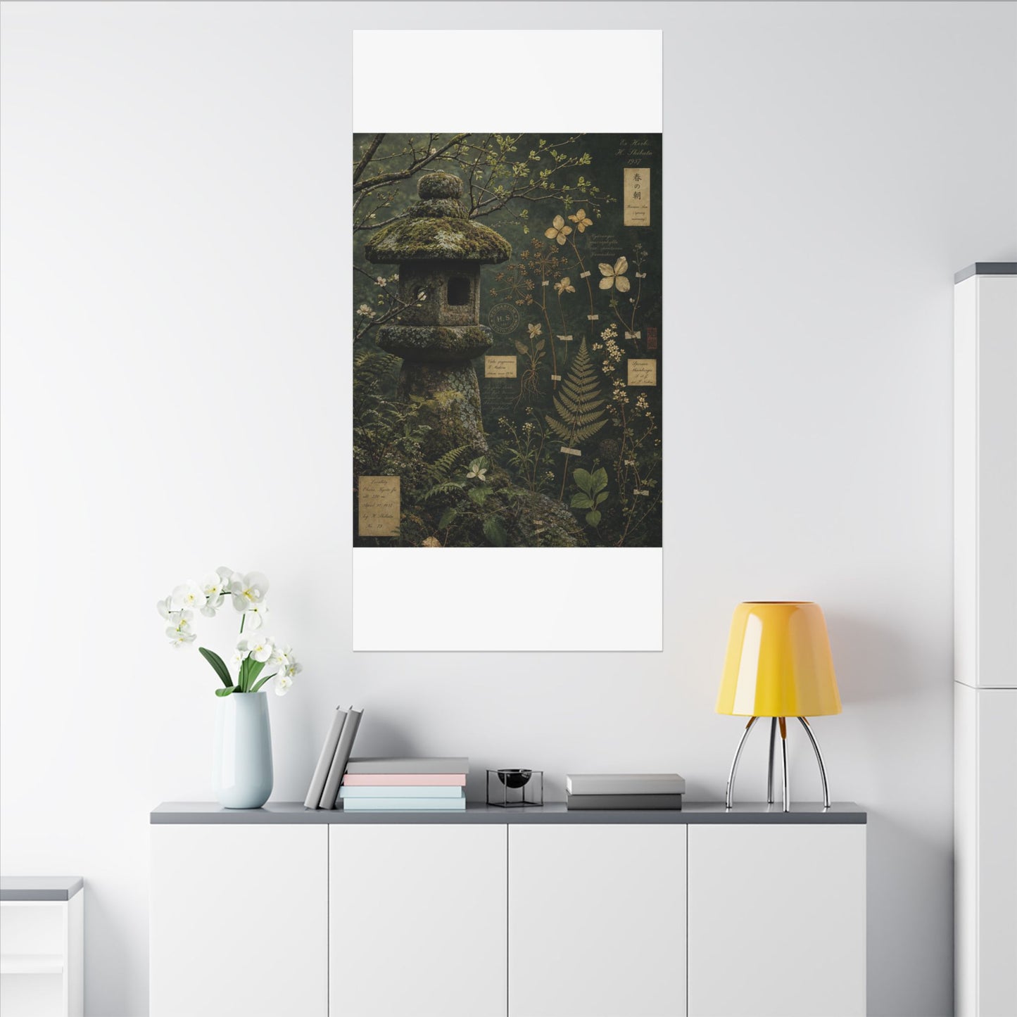 Spring Stone Lantern Herbarium Canvas Art | Nostalgic Decor