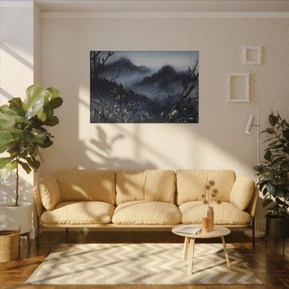 Mountain Mist Spring Canvas Art | Dark Japandi Atmospheric Design