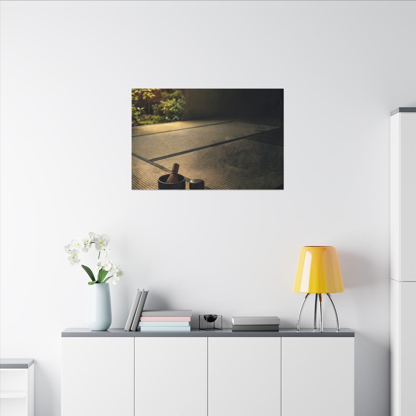 Dark Japandi Tea Ceremony in Golden Hour | Dark Texture Canvas Art