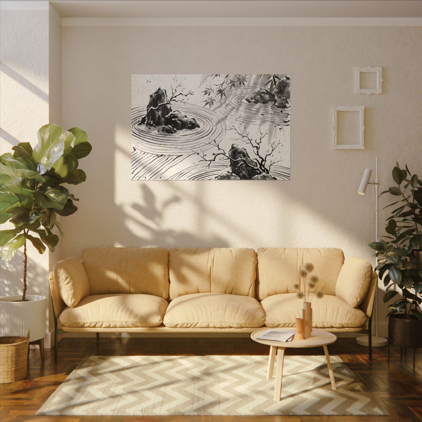 Rock Garden Canvas Art | Winter Zen Sumi E Art