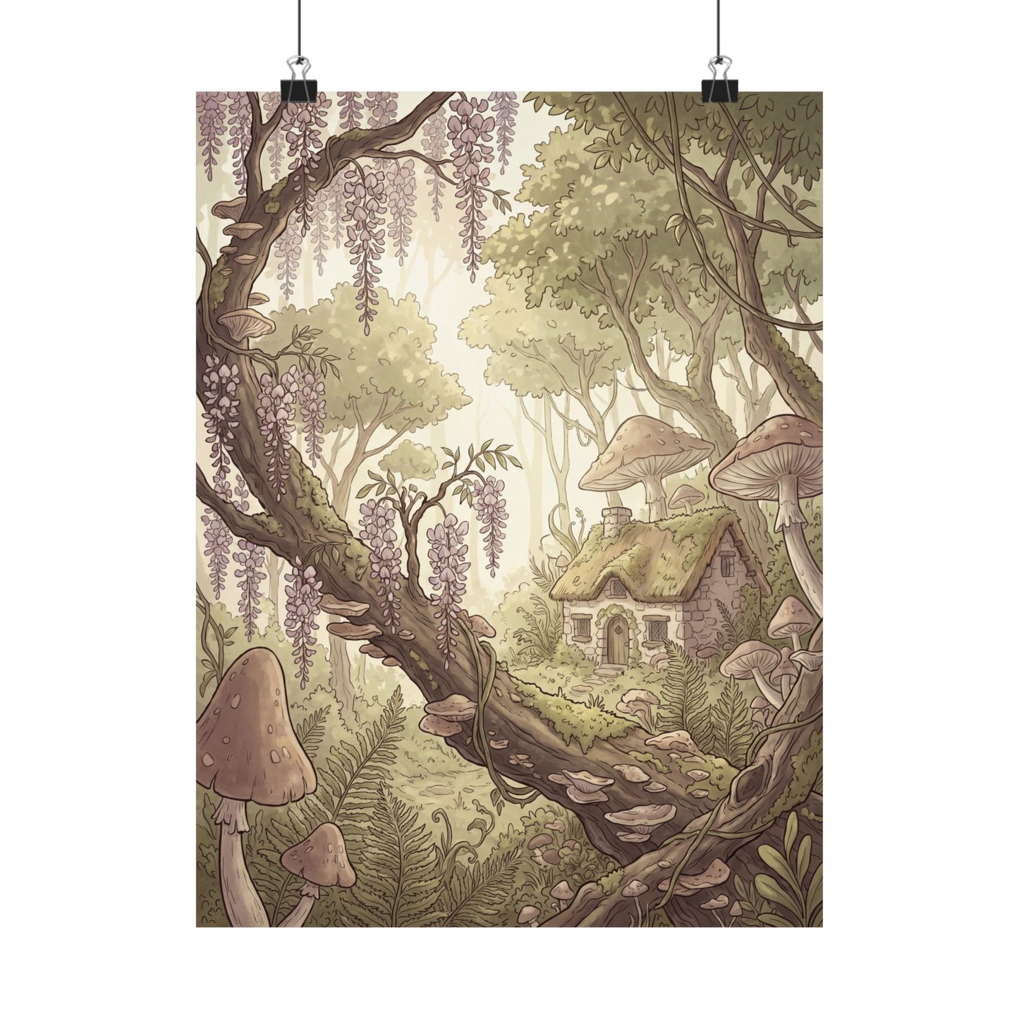 Summer Wisteria Mushroom Illustration Wall Art Print | Rustic Decor Art Print