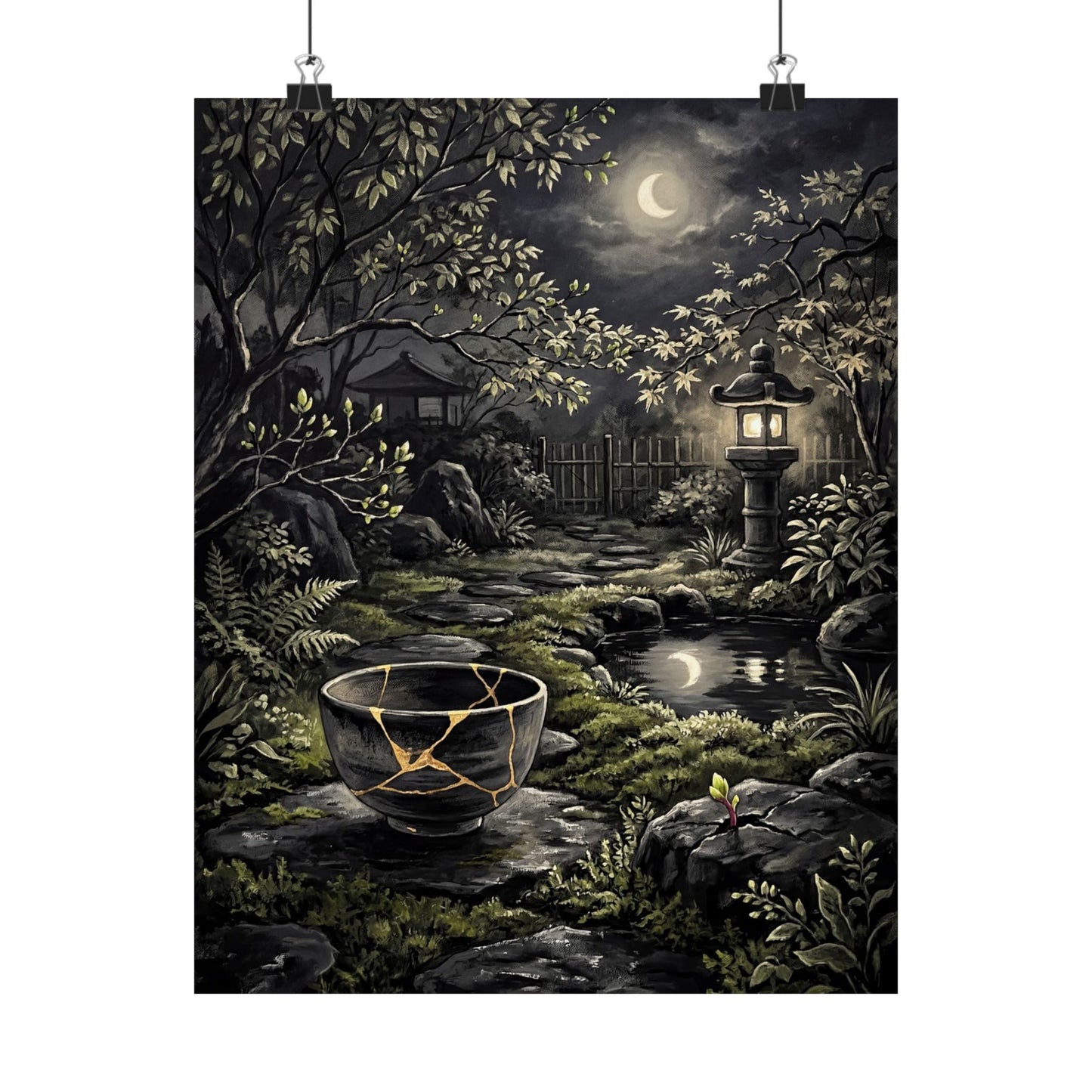 Kintsugi Moonlit Garden in Dappled | Gold Repair Wall Art Print Art Print