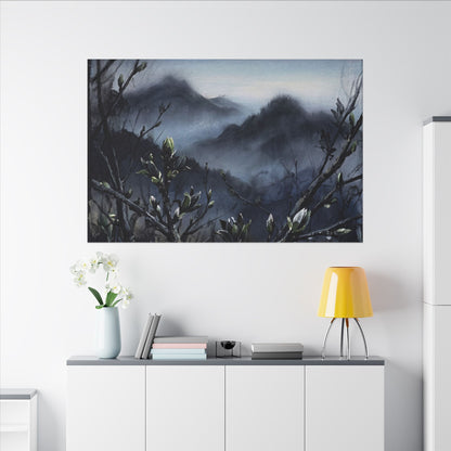 Mountain Mist Spring Canvas Art | Dark Japandi Atmospheric Design
