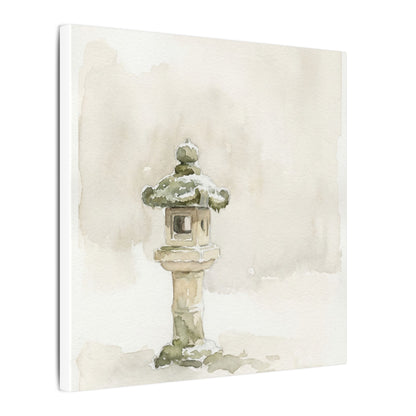 Stone Lantern Winter Canvas Art | Japandi Earthy Design