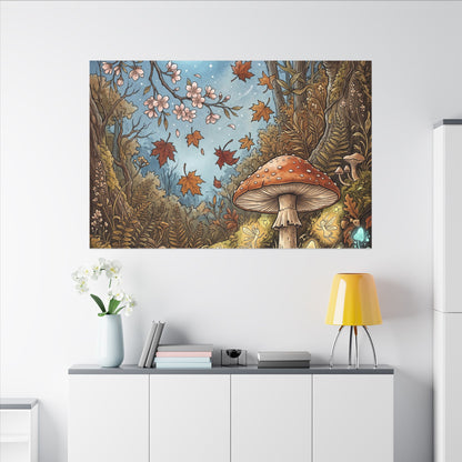 Autumn Cherry Blossom Mushroom Illustration Canvas Art | Enchanting Decor