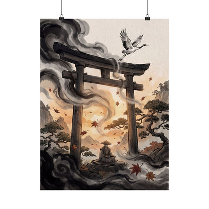 Autumn Torii Gate Ukiyo E Inspired Wall Art Print | Contemplative Decor Art Print