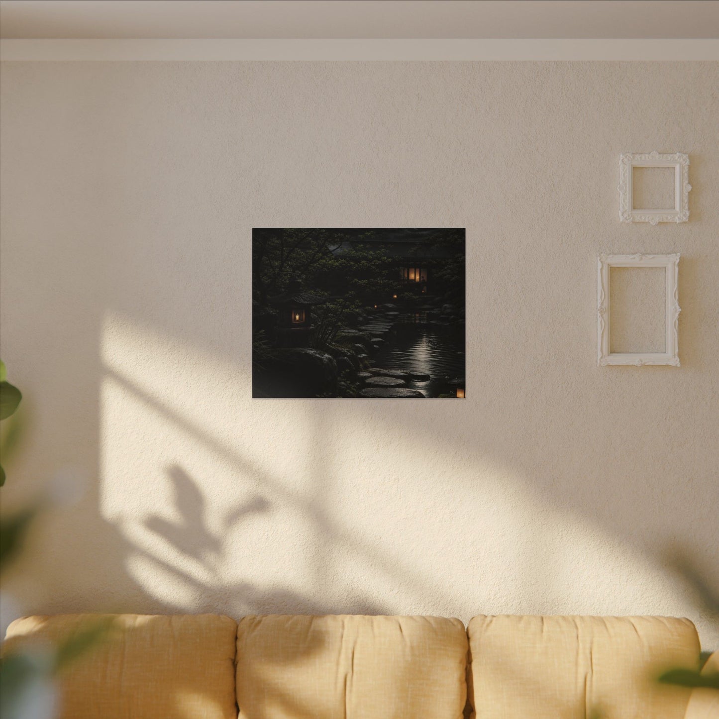 Moonlit Garden Shadow Zen Canvas Art | Sophisticated Dark Japandi Art