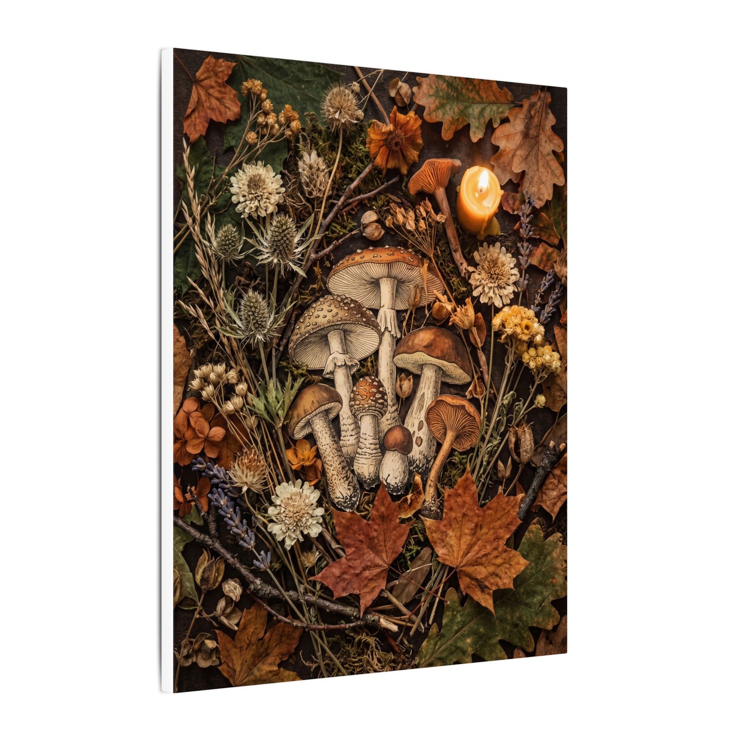 Autumn Dried Flowers Mushroom Illustration Canvas Art | Earthy Decor