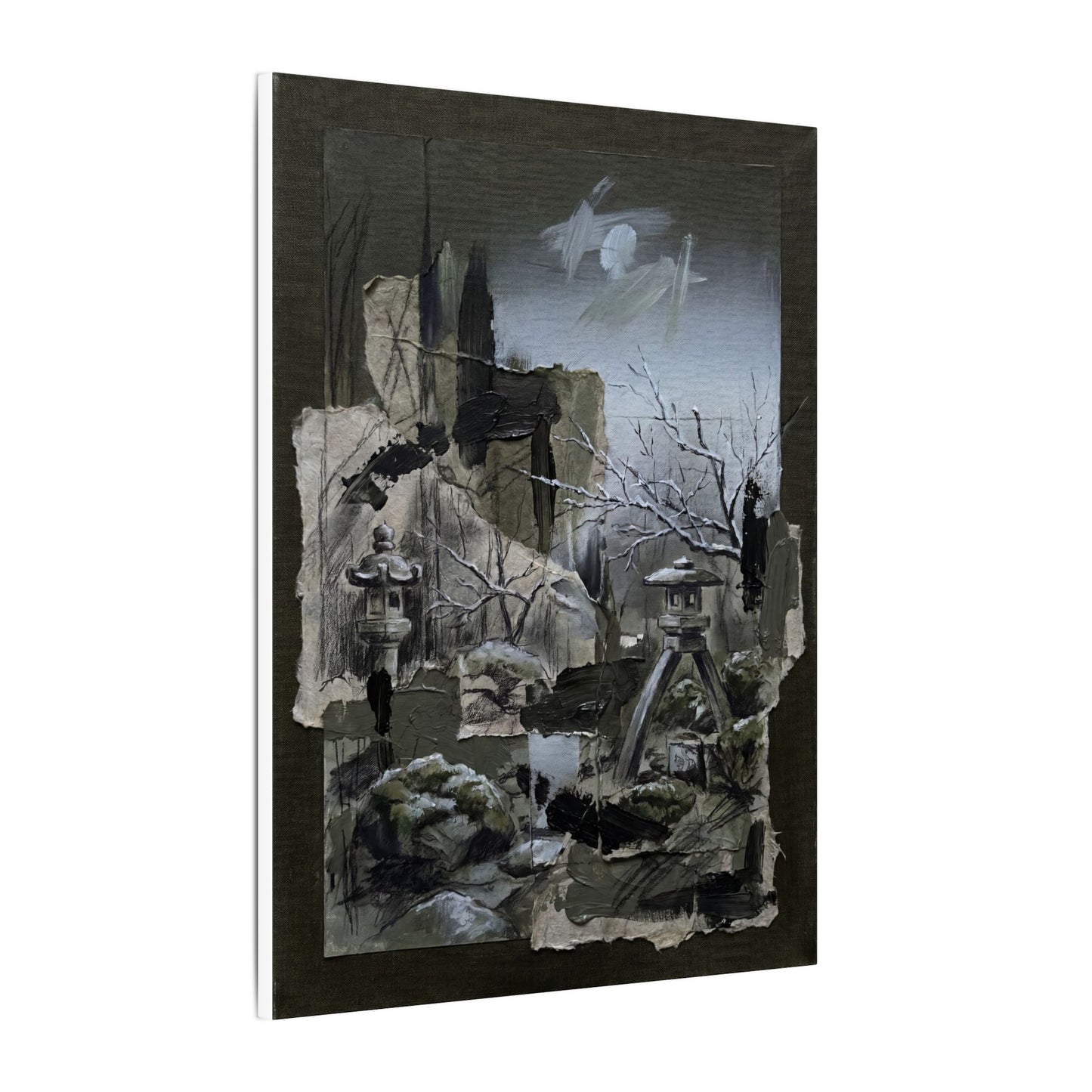 Winter Moonlit Garden Dark Texture Canvas Art | Moody Decor