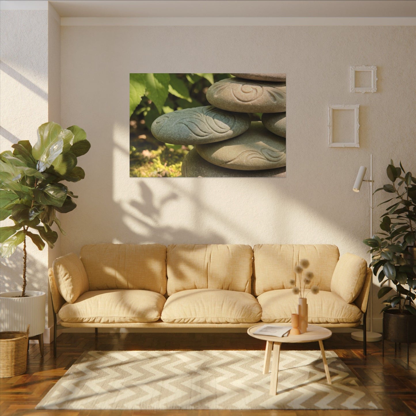 River Stones Summer Canvas Art | Japandi Earthy Design