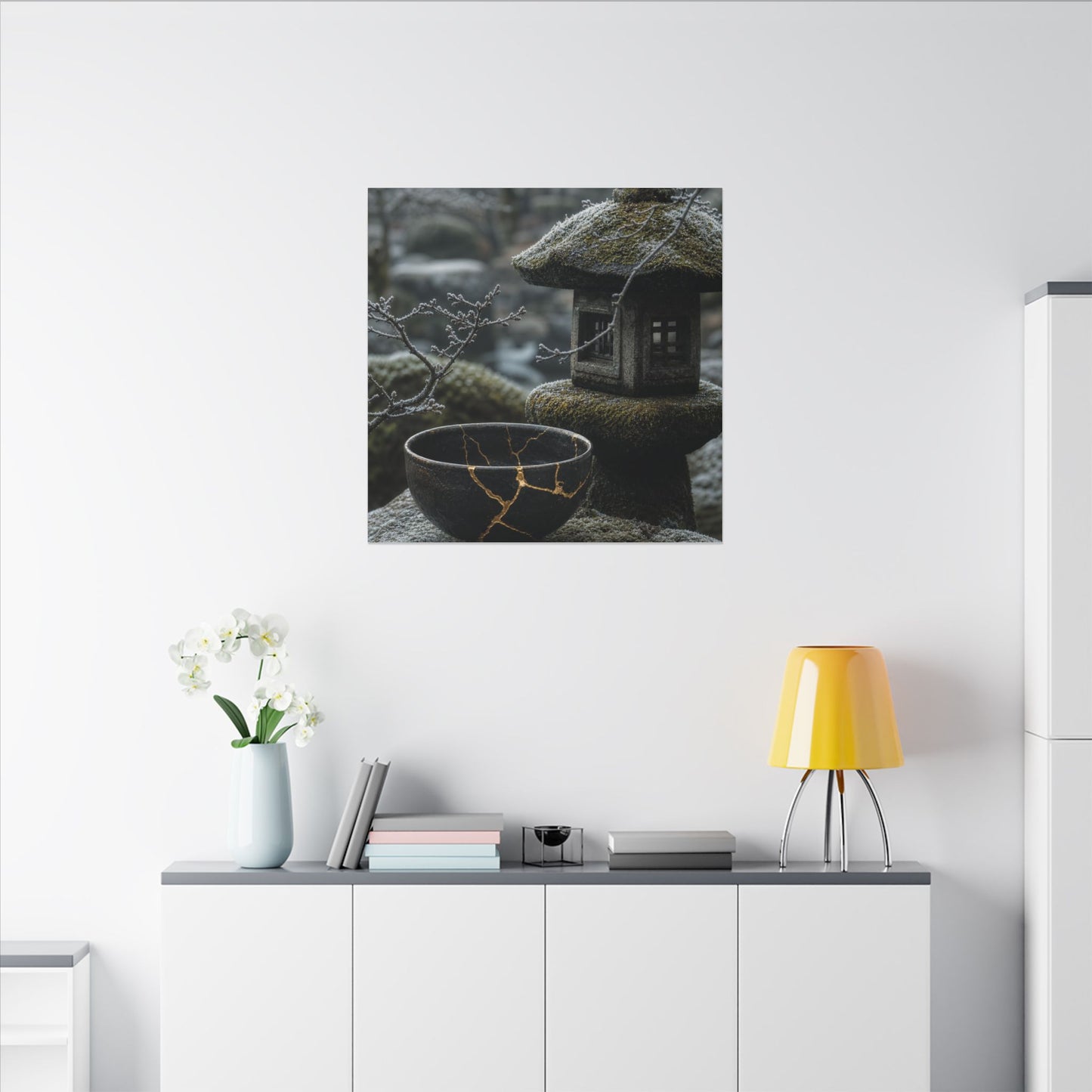 Stone Lantern Canvas Art | Winter Kintsugi Gold Repair Art