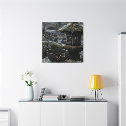 Stone Lantern Canvas Art | Winter Kintsugi Gold Repair Art