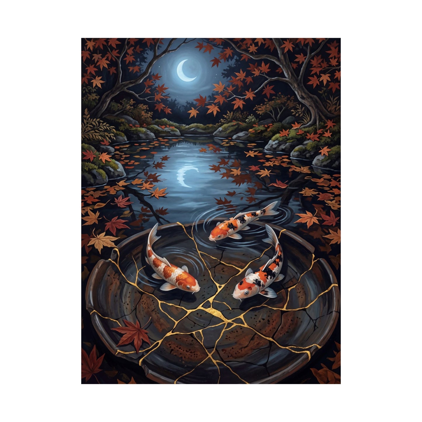 Kintsugi Koi Pond in Moonlight | Gold Repair Wall Art Print