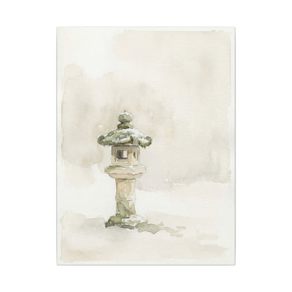 Stone Lantern Winter Canvas Art | Japandi Earthy Design
